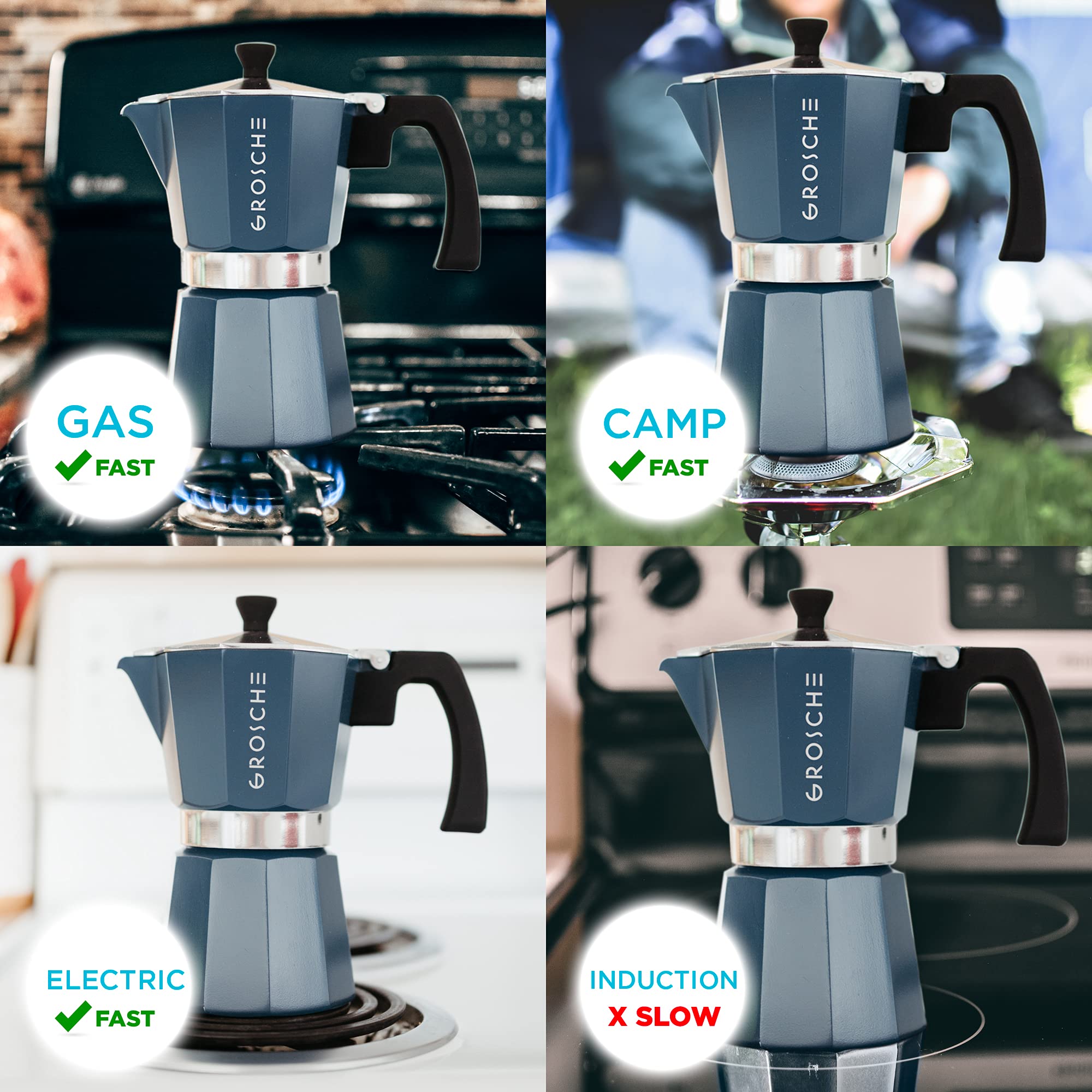 GROSCHE Milano Stovetop Espresso Maker Moka Pot 6 espresso Cup, 9.3 oz Blue