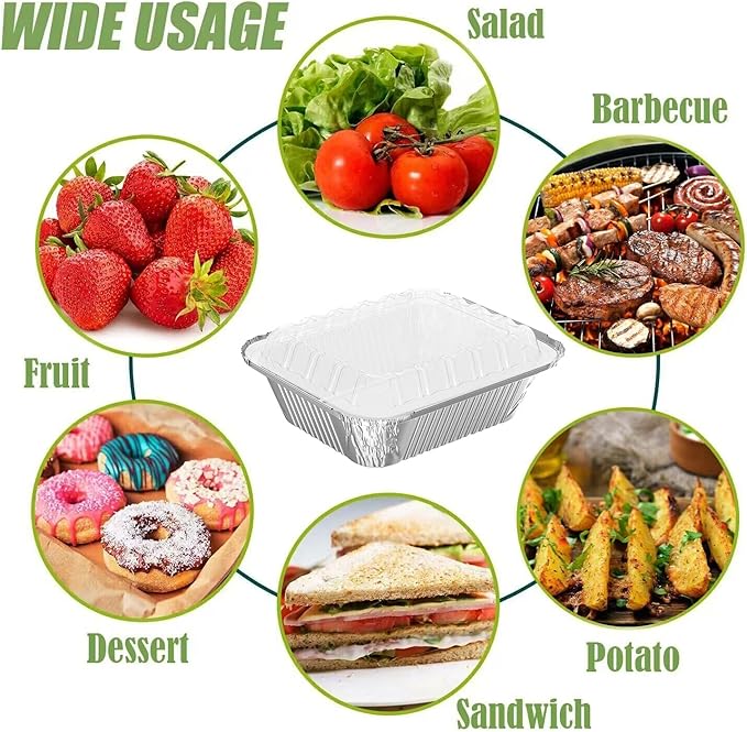 8.3"x6.2" 2.25LB Disposable Tin Foil Pans with Plastic Lids, 100 PACK