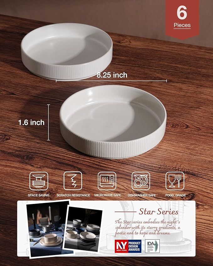 famiware Star 8.25" Pasta Bowls Set of 6, Bowl Plates, Matte White