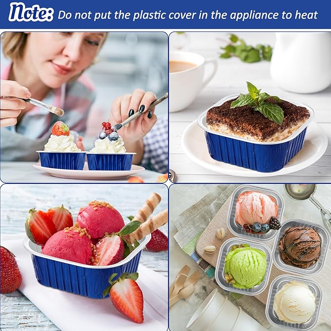 Aoriher 150 Pcs 10 oz Mini Cake Pans with Lids Aluminum Foil Baking Cup Disposable Square 4 x 4 Large Baking Tin, Muffin Pan Cheesecake Kitchen Brownie Pudding Desserts Holder(Sapphire Blue)