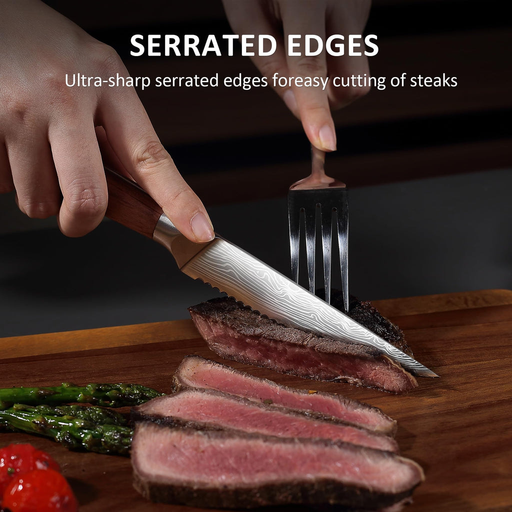 YOTSUBA Steak Knives Set of 6, Razor-Sharp 4.5 Inch Japanese Serrated Steak Knife Set, Full Tang Forged High Carbon Steel Dinner Knives with Ergonomic Handle and Gift Box