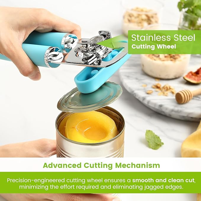 Spring Chef Stainless Steel Manual Can Opener w/Soft Grip Handle, Aqua Sky
