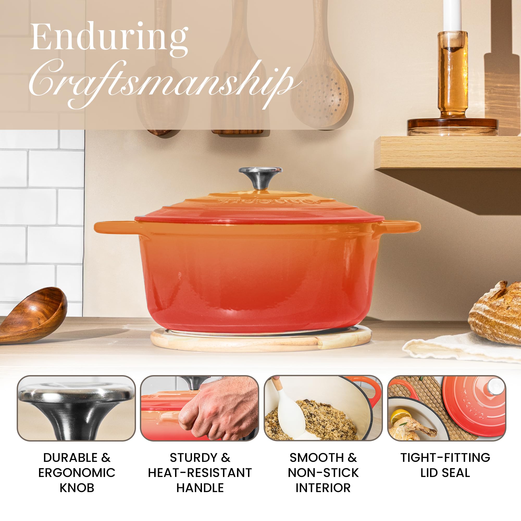 Cast Iron Pot with Lid-Non-Stick Ovenproof Enamelled Casserole Pot, Oven Safe up to 500° F-Sturdy Dutch Oven Cookware - Orange, 5-Quart, 24cm by- Nuovva