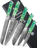 SANMUZUO Chef Cooking Knives Set- Kitchen Knife Set of 5 Piece - Ultra-Sharp VG10 Damascus Steel & Resin Handle - Xuan Series (Jade Green)