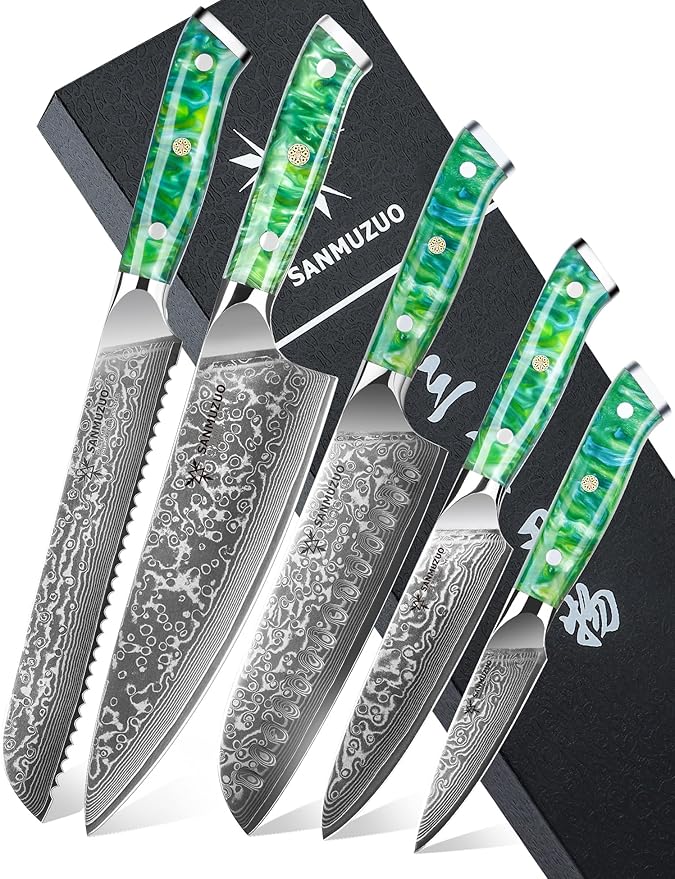 SANMUZUO Chef Cooking Knives Set- Kitchen Knife Set of 5 Piece - Ultra-Sharp VG10 Damascus Steel & Resin Handle - Xuan Series (Jade Green)