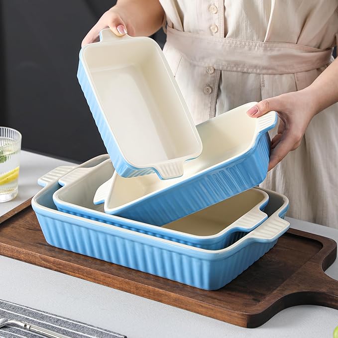 MALACASA Casserole Dishes for Oven, Ceramic Bakeware Set of 4, Blue