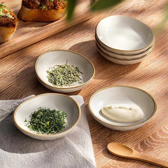 famiware Ceramic Soy Sauce Dish, 2.1oz Dipping Bowl Set of 6, Vanilla White