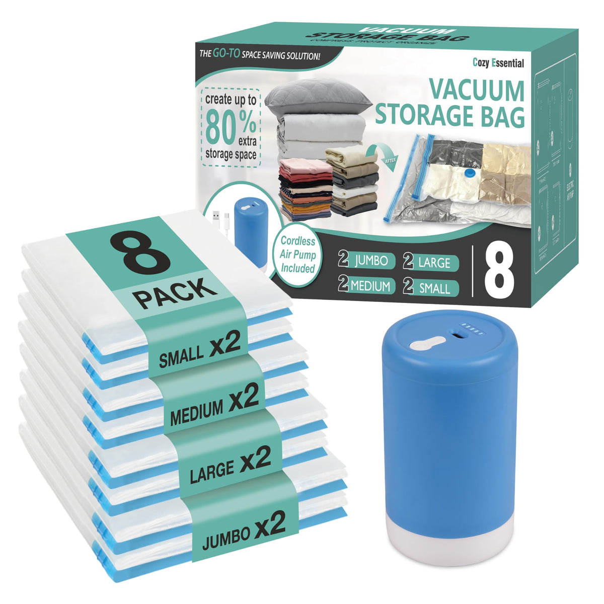 Travel Vacuum Storage Bags with Rechargeable Cordless USB Pump, 30 Combo
