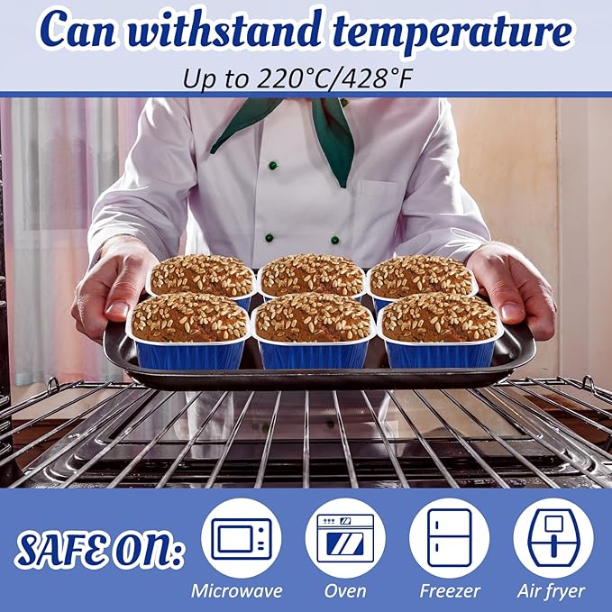 Aoriher 150 Pcs 10 oz Mini Cake Pans with Lids Aluminum Foil Baking Cup Disposable Square 4 x 4 Large Baking Tin, Muffin Pan Cheesecake Kitchen Brownie Pudding Desserts Holder(Sapphire Blue)