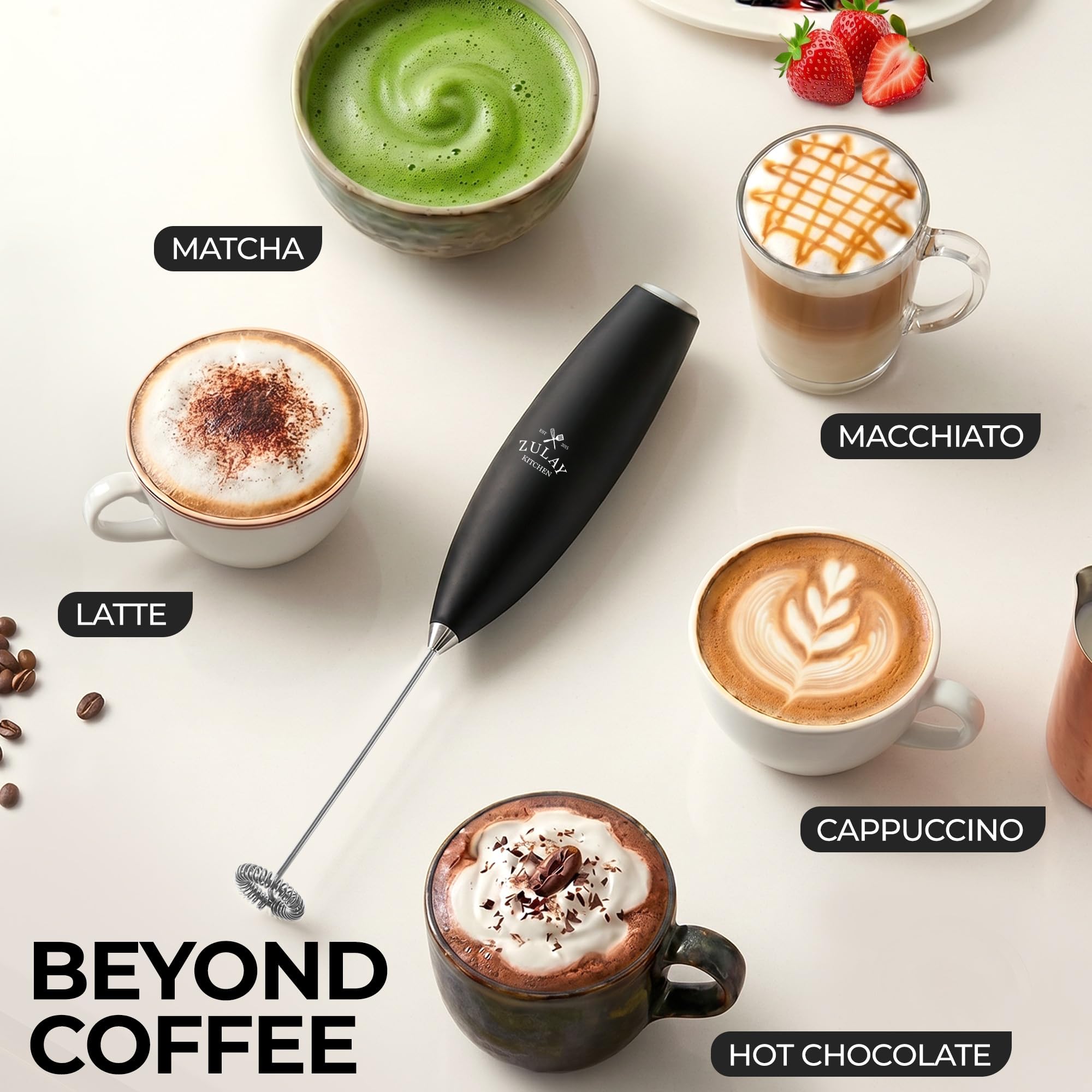 Zulay Kitchen Milk Frother Handheld Electric Whisk – Frother Wand with 2 Duracell Batteries, Durable Drink Mixer, Coffee Frother, Hand Blender, Frother for Protein Powder, Matcha & More - Black