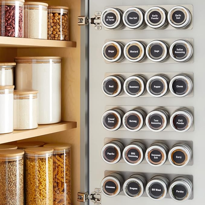 Talented Kitchen Magnetic Stainless Steel Spice Jars - 24-Pack, 3 oz, Silver - Magnetic Kitchen Spice Jars with Organizer Plates & Lids for Fridge & RV - Includes 6 Wall Plates & 269 Preprinted Labels