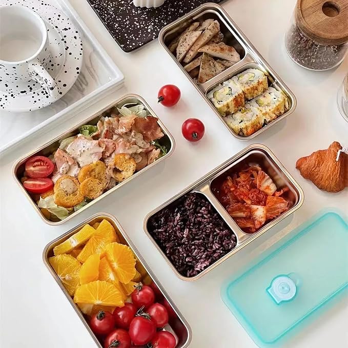 herrydale Stainless Steel Lunch Box for Kids – 2 Compartment Leakproof Snack Container with Lids, Reusable Bento Food Storage for School, Travel & Meal Prep (4-Pack)