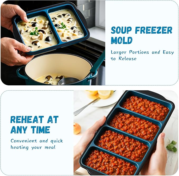 GORCI Silicone Freezer Tray With Lid, 8 Large 1 Cup Soup Freezer Molds, Soup Freezer Container for Meal Prepping, Large Ice Cube Tray， Perfect for Storing Leftovers, Sauces, Lasagna, 2-Pack