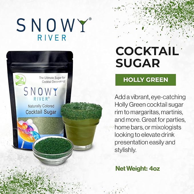 Snowy River Natural Cocktail Sugar Rimmer - Kosher Certified Naturally Colored Beverage Rimming Sugar for Cocktails, Margaritas, Drinks (Holly Green, 4 Ounce)
