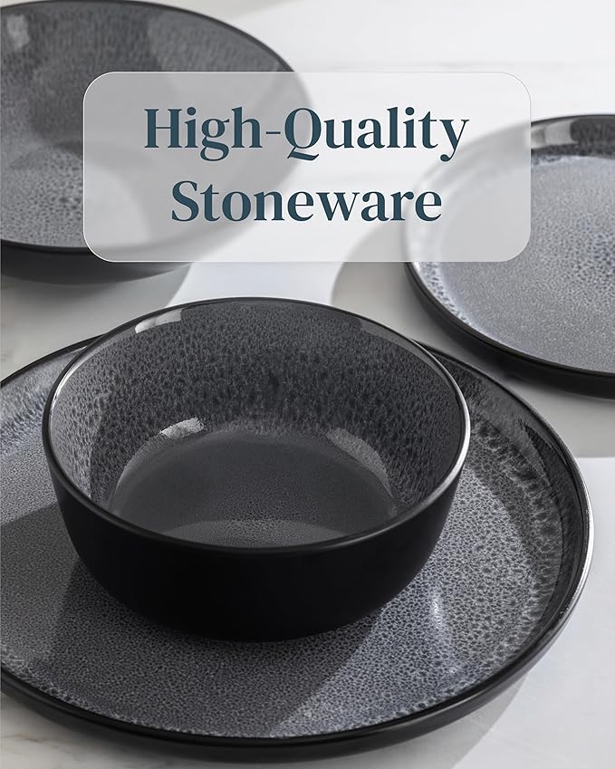 12 Piece Stoneware Dinnerware Set for 4 - Handmade Reactive Glaze Plates and Bowls Set - Chip & Scratch Resistant Dish Set - Dishwasher Microwave Safe - Dark Gray