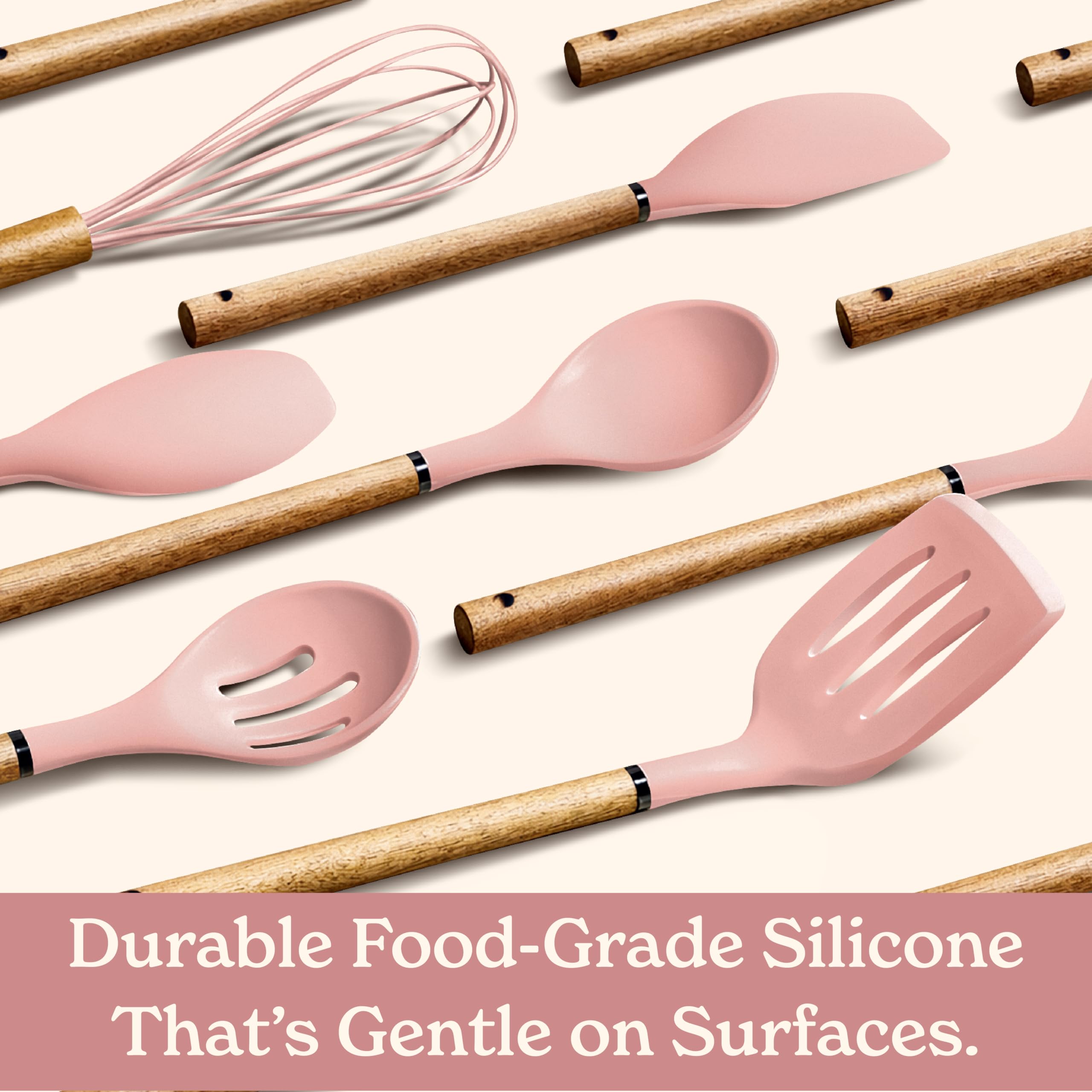 Country Kitchen Non Stick Silicone Utensil Set with Rounded Wood Handles for Cooking and Baking, 8 Piece Set, Pink