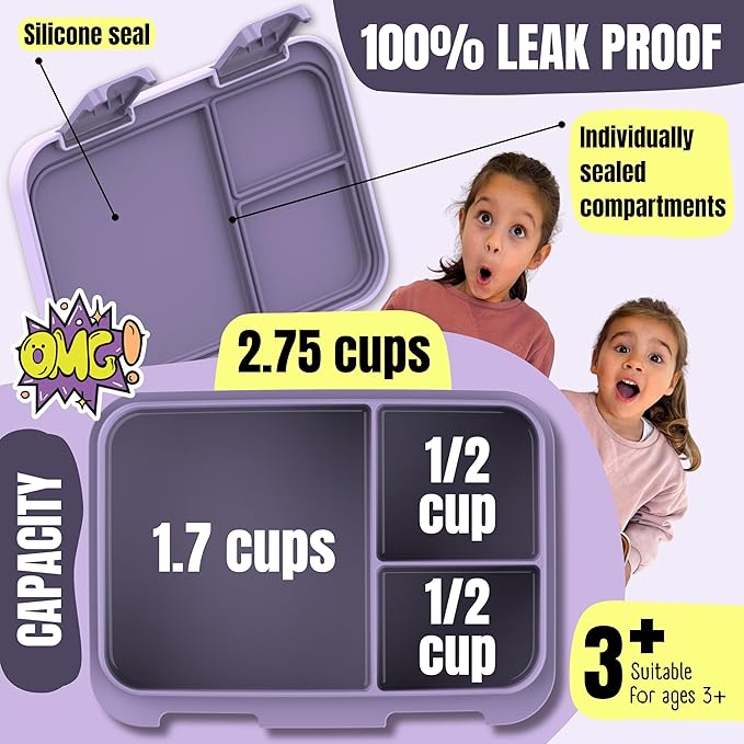 BEARFOOT Kids Lunch Box with Compartments – Compact & Lightweight | Leak-Proof, BPA-Free, Dishwasher Safe | Hand-Drawn Design for Preschool, School, Travel (Purple, 2.75 Cups)