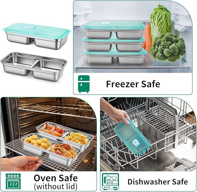 MJDYTYT 3 Pack Leakproof Stainless Steel Snack Containers with Secure Sealed Lids, Reusable 2 Compartment Bento Boxes for Lunch Prep, Travel, School & Office Stainless Steel Lunch Box