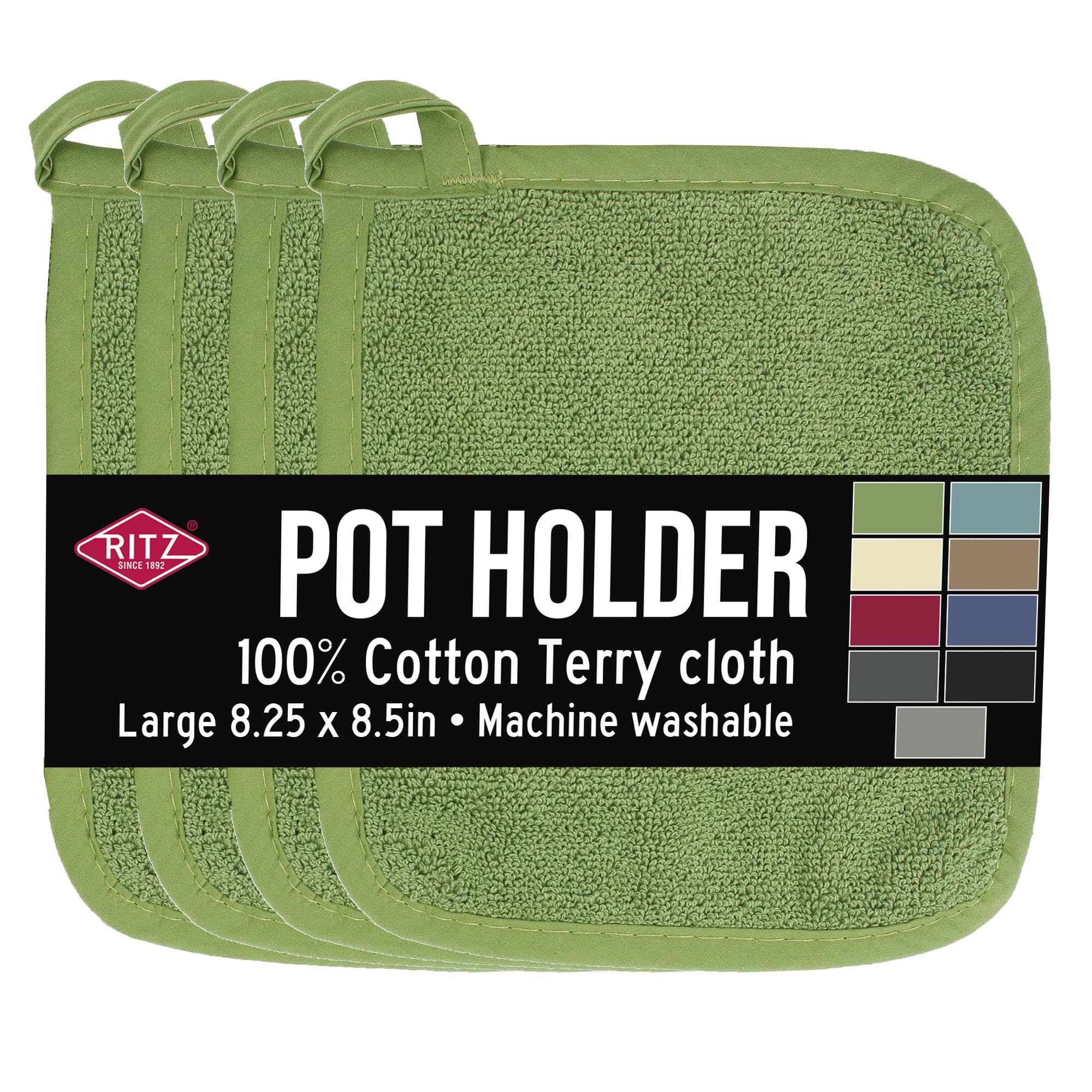 RITZ Terry Potholder & Hot Pad: Unparalleled Heat Resistant, Durable 100% Cotton – Ergonomically Designed for Optimal Grip – Easy-Care Machine Washable – 4-Pack, Cactus Green