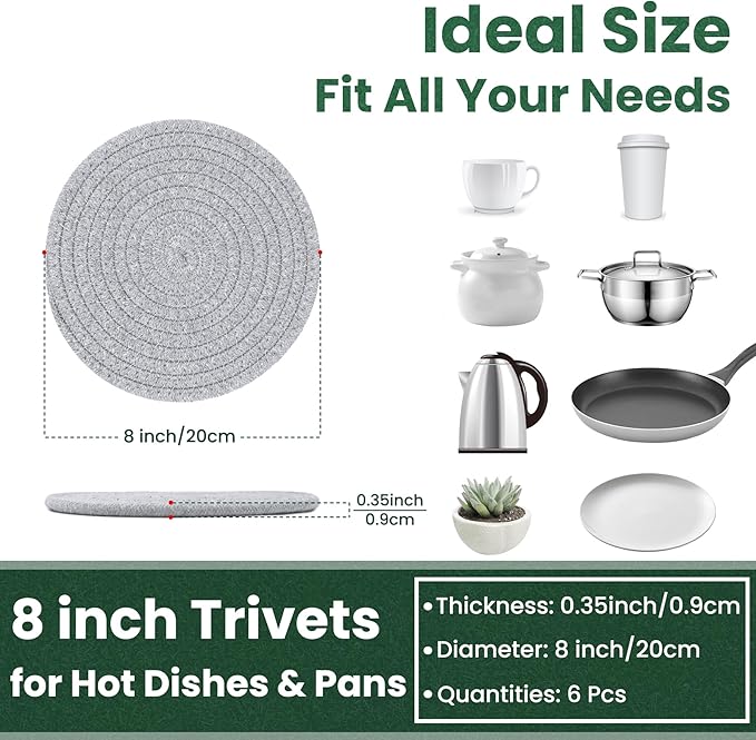 KITLAB 8 Inch Trivets for Hot Dishes, Hot Pots and Pans, 6 Pcs