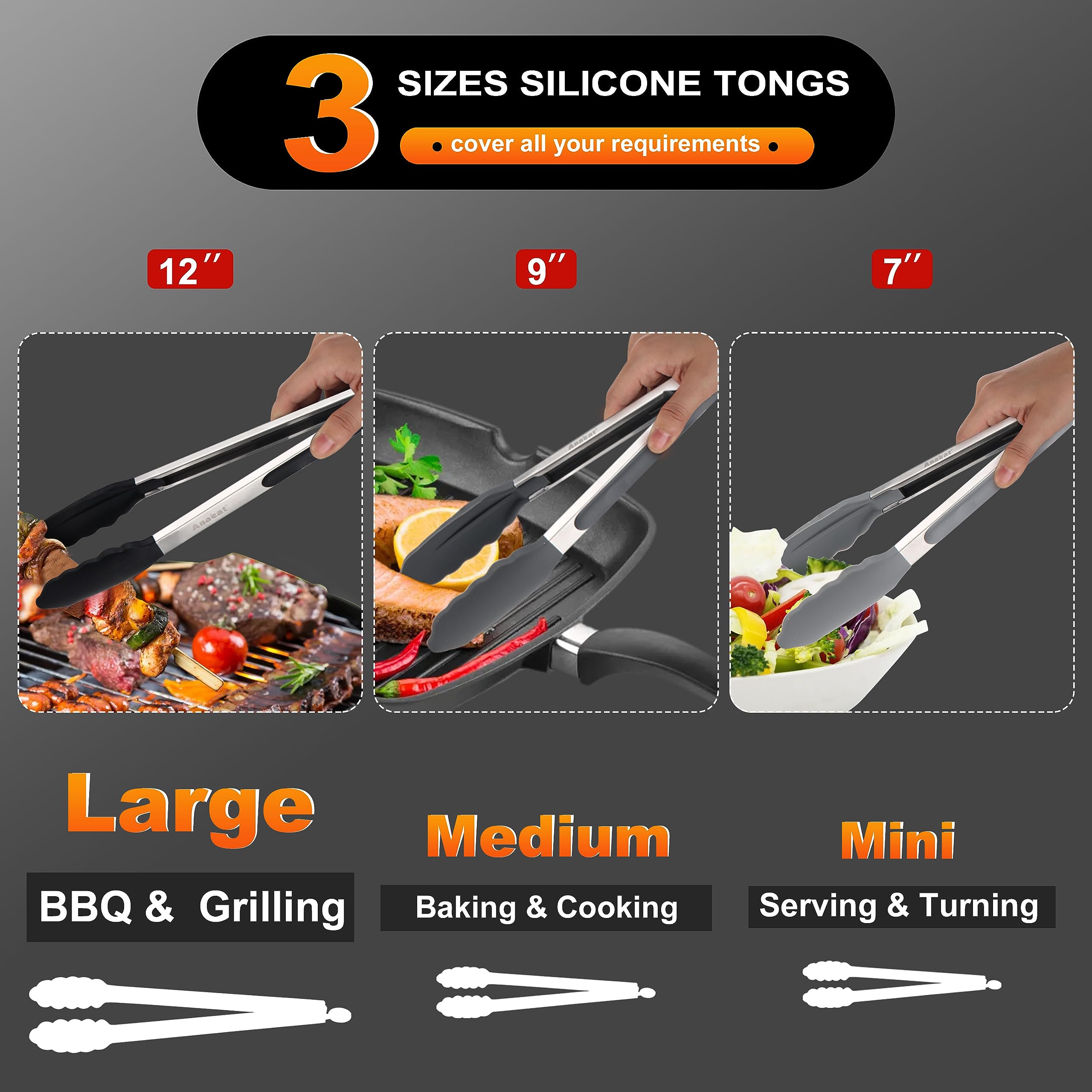 Anaeat Non-Stick Silicone Locking Tong Set of 3 - Stainless Steel 7, 9 and 12 inch Kitchen Food Tongs with Non-Slip Silicone Tips and Grip for Cooking, Baking and BBQ - Heavy Duty & Heat Resistant