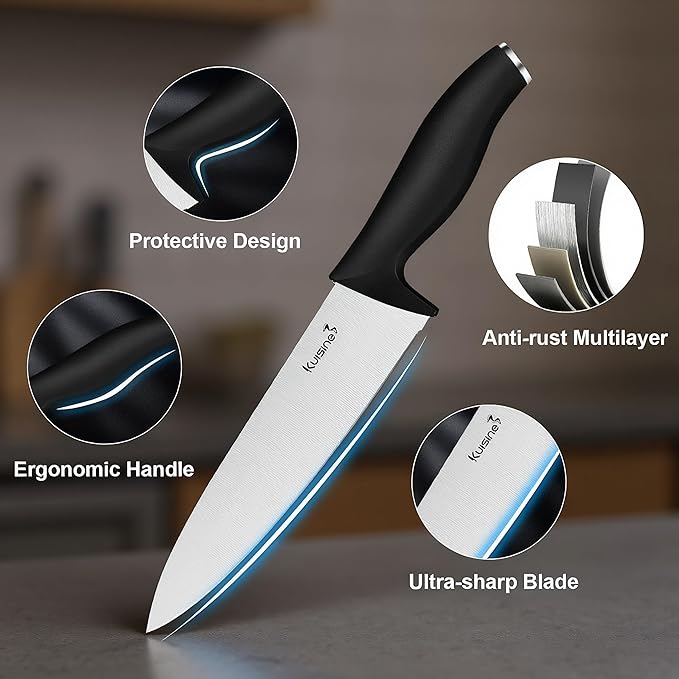 KUISINE Upgraded Chef Knife Set,High Carbon Stainless Steel Ultra Sharp Blade Ergonomic Handle,Kitchen Knife Block Set with Built-in Sharpener,Elegant Gift for Holiday(Silver Black,15PCS)