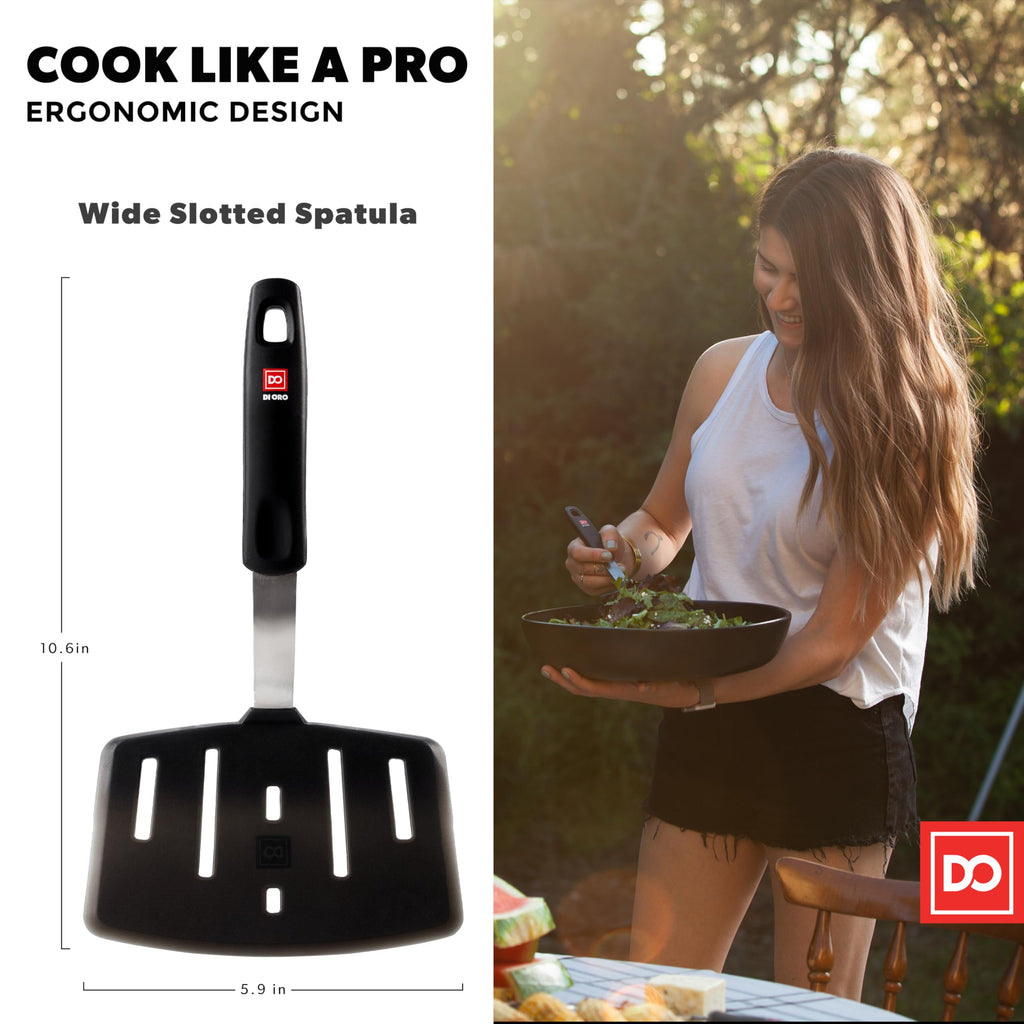 DI ORO Designer Series Wide Slotted Turner Spatula - Features 600F Heat-Resistant No-Melt Rubber Spatula Handle and Blade - Silicone for Cooking or Baking - Dishwasher Safe