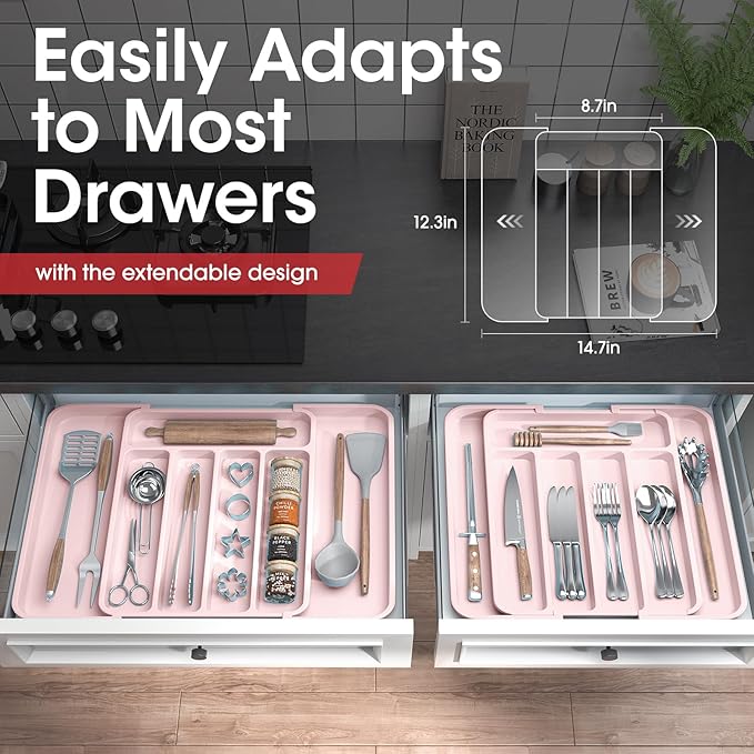 Aujen Silverware Drawer Organizer, Adjustable Utensil Cutlery Tray