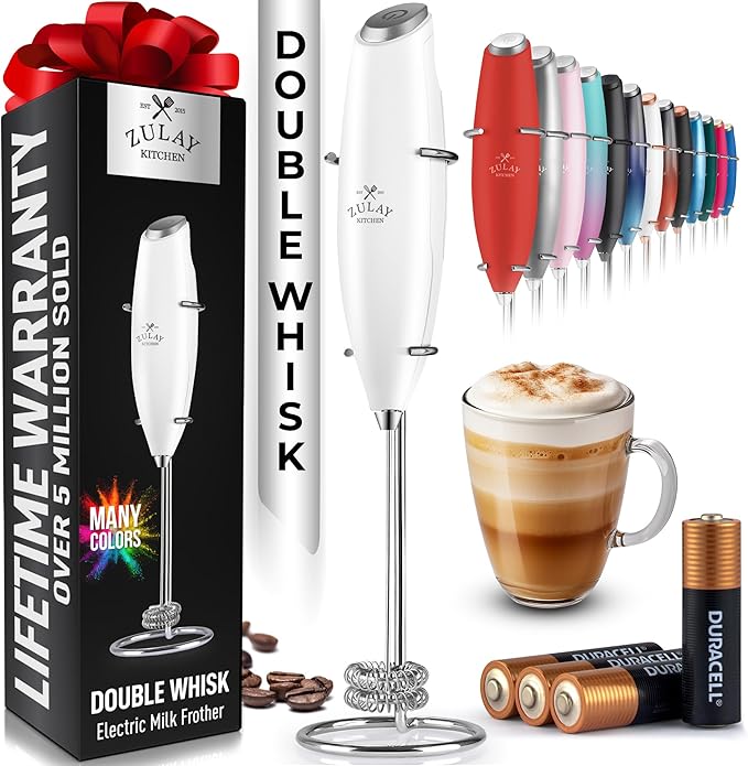 Zulay Kitchen Powerful Milk Frother Wand With Duracell Batteries - Ultra Fast Handheld Drink Mixer - Electric Whisk Foam Maker for Coffee, Lattes, Cappuccino & Matcha - Double Whisk - White