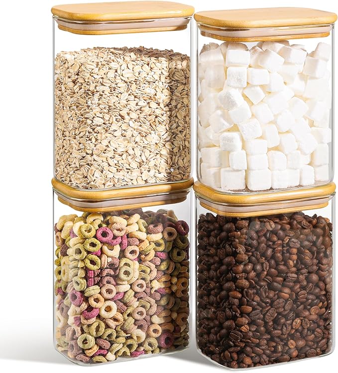 ComSaf Glass Storage Containers wtih Lids 1.2 Qt, Set of 4 Food Storage Jar