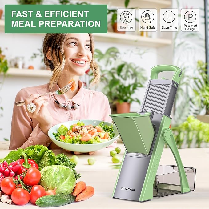ZTQCSQ [All in 1] Upgraded Version Safe Mandoline Slicer for Kitchen, Adjustable Thickness. Detachable Blade, Veggie Slicer, Rapid Prep Mandoline, with Cleaning Brush/Paring Knife (MatchaGreen)