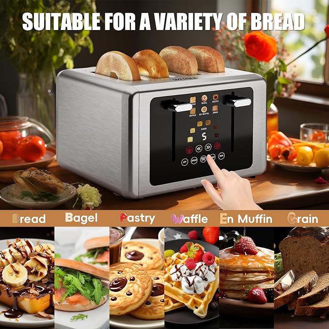 whall 4 Slice Touch Screen Toaster, Stainless Steel Toasters Digital Timer, Dual Control Panel Toasters，6 Shade Settings＆6 Bread Types, Smart Wide Slots, Bagel, Cancel, Defrost, Flat lever Silver