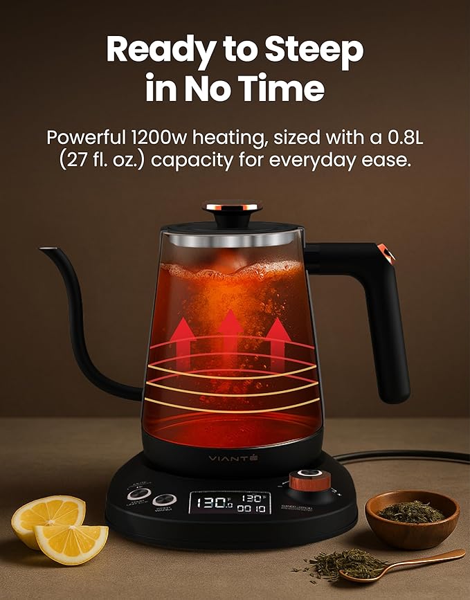 Viante Electric Gooseneck Kettle 0.8L, Pour Over Coffee & Tea, Temp Control