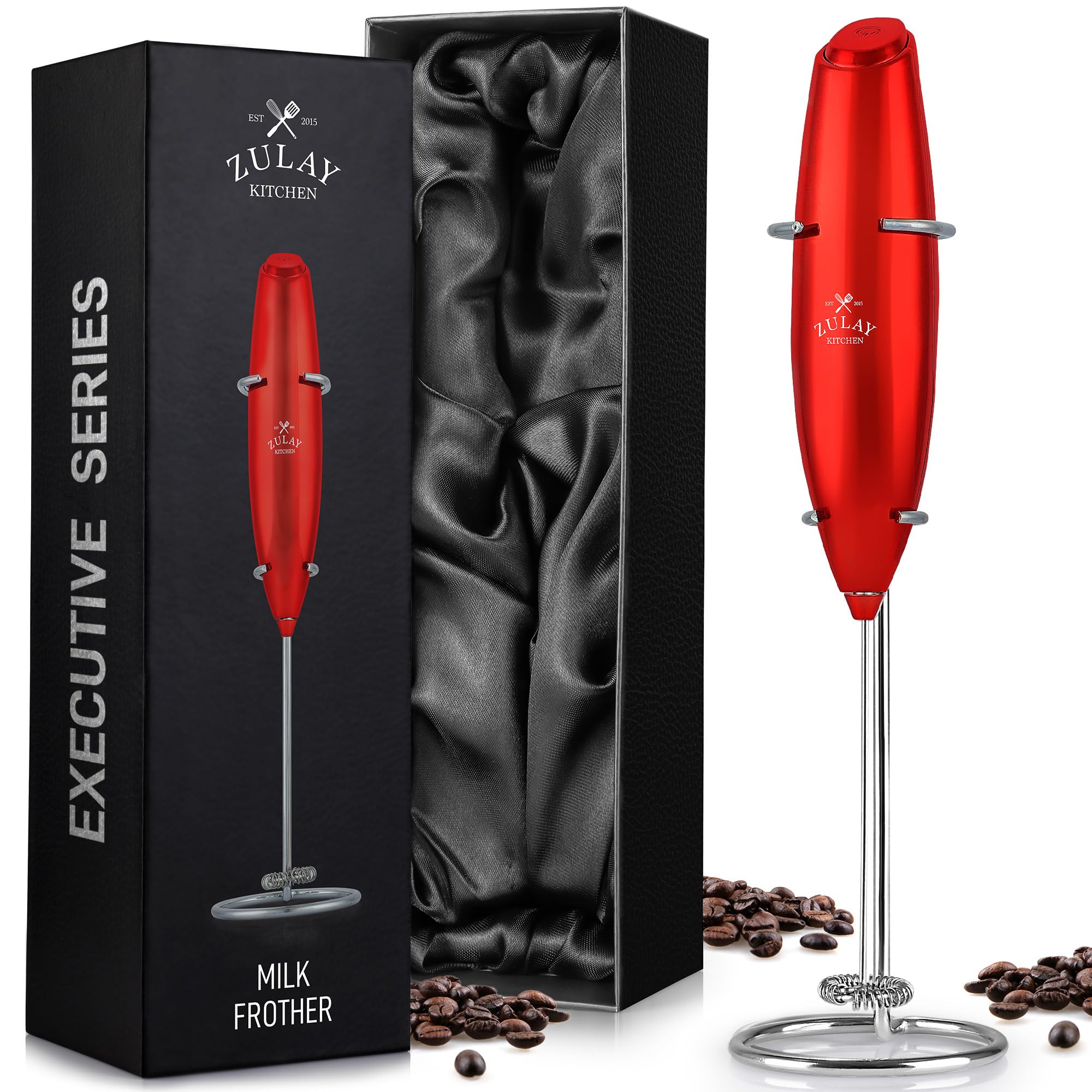 Zulay Kitchen Executive Series Luxury Gift Milk Frother – Handheld Electric Foam Maker for Coffee, Lattes & Hot Chocolate – Deluxe Finish, Great Fir for Coffee Lovers (Cardinal Red)