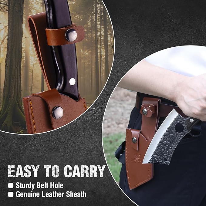 Mossy Oak Meat Cleaver Knife, Butcher Knife with Genuine Leather Sheath, Hand Forged Kitchen Knife Full Tang Handle for Meat and Vegetable Cutting, Outdoor Cooking, Camping and BBQ