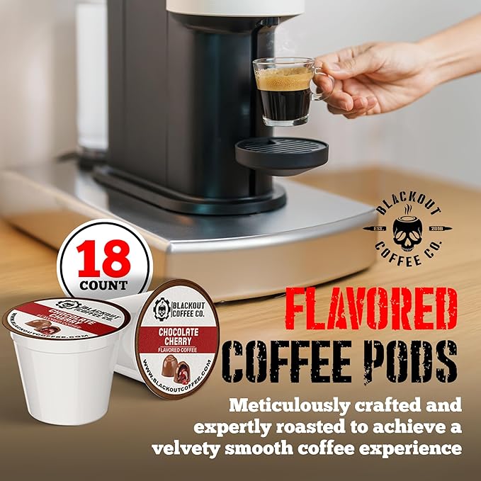 Blackout Coffee Chocolate Cherry Flavored Coffee Pods – Premium Roasted, Smooth Taste, Guilt-Free Indulgence – 18 Count Single-Serve Coffee Pods.