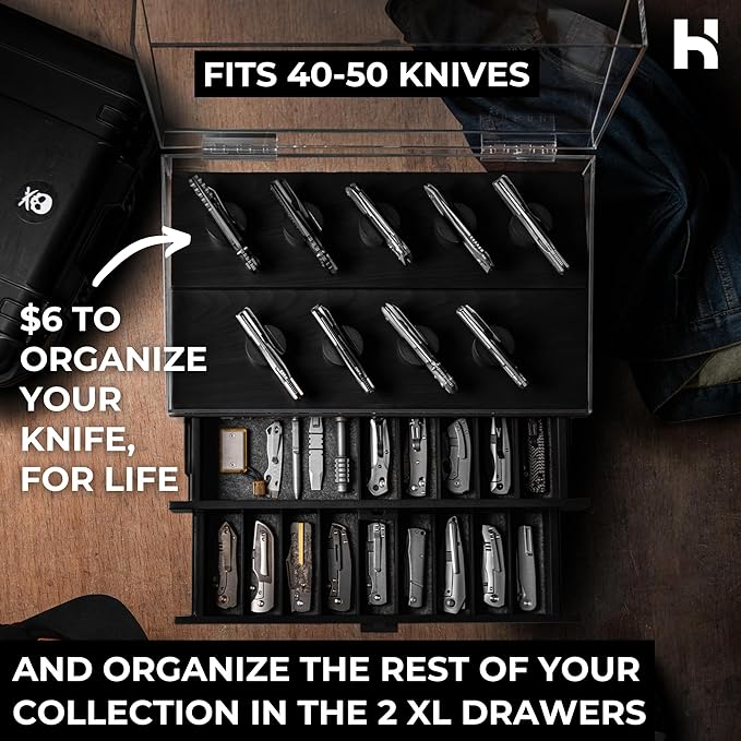 Holme & Hadfield 50 Knife Wooden Pocket Knife Display Case with 2 Drawers