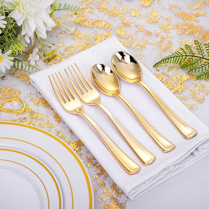 bUCLA 600PCS Gold Plastic Spoons and Forks Set - Plastic Forks and Spoons Disposable - Heavy Duty Gold Silverware Set Party Supplies Include 300 Forks and 300 Spoons for Party&Wedding