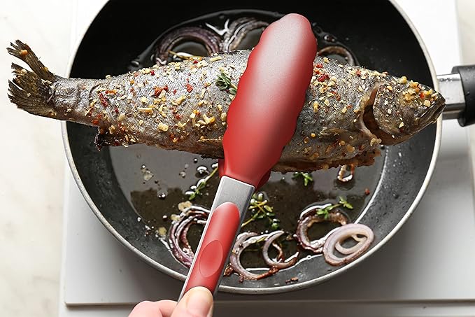 2 Pack Silicone Kitchen Tongs, 9 & 12 Inch, Stainless Steel, Red