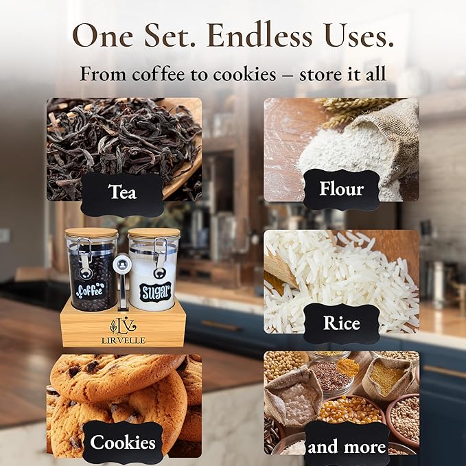 Lirvelle Airtight Coffee Canister with Scoop | Curated Glass Storage Set for Beans, Grounds & Sugar | 9-Piece Ritual Organizer with Bamboo Base, Versatile Artisan Spoon, Labels & Cleaning Brush