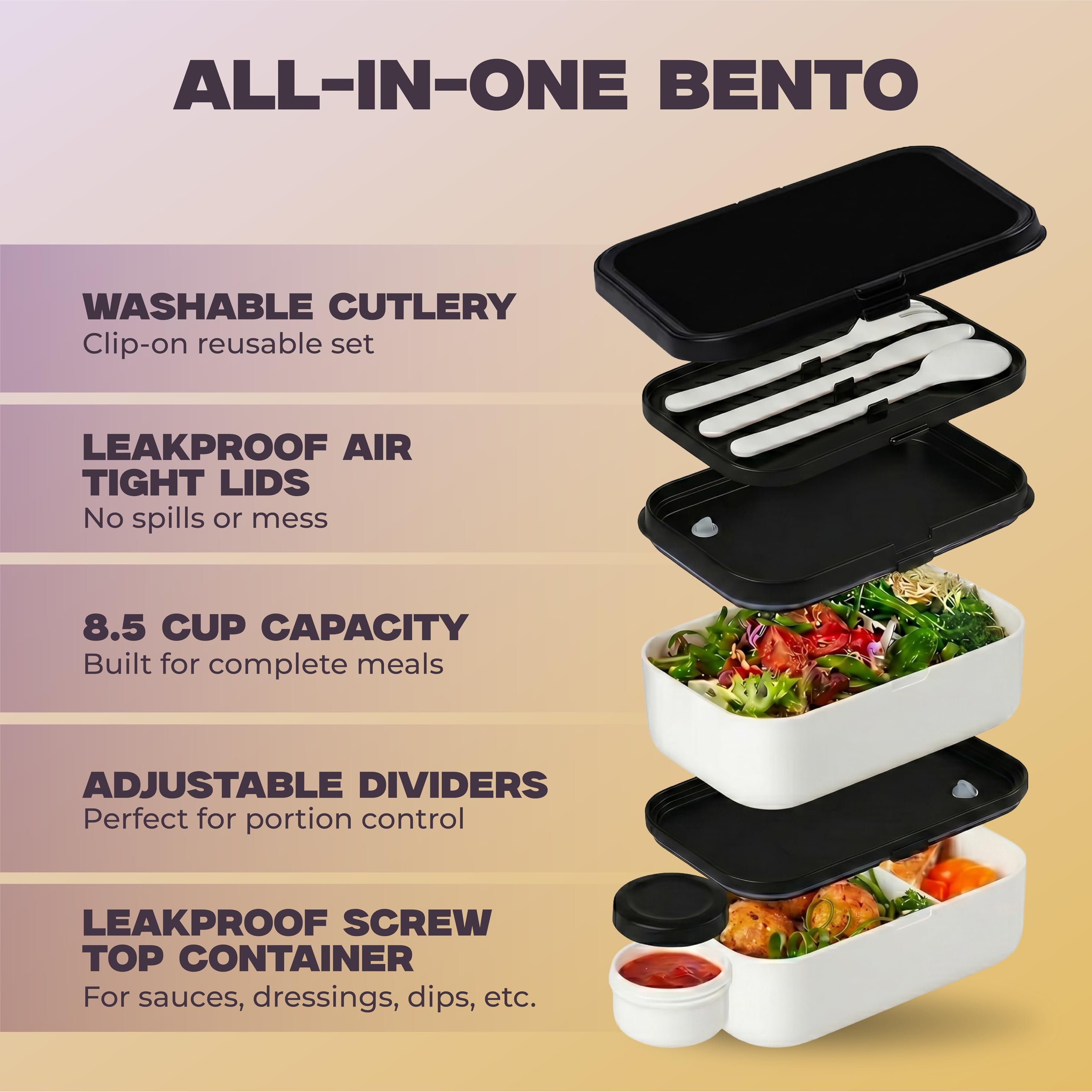 KARRICO Double Premium Bento Box Adult, 67 fl oz BPA-Free - Cream Stackable Lunch Box with Leak-Proof Lids & Dividers, Perfect for Meal Prep, Lunches & Portion Control