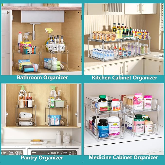 AITOPMART 2 Pack Bathroom Organizer,2 Tier Clear Under Sink Organizers Vanity Countertop Storage Container,Cabinet Drawers Bins, Pull-Out Organization with Track for Pantry, Kitchen