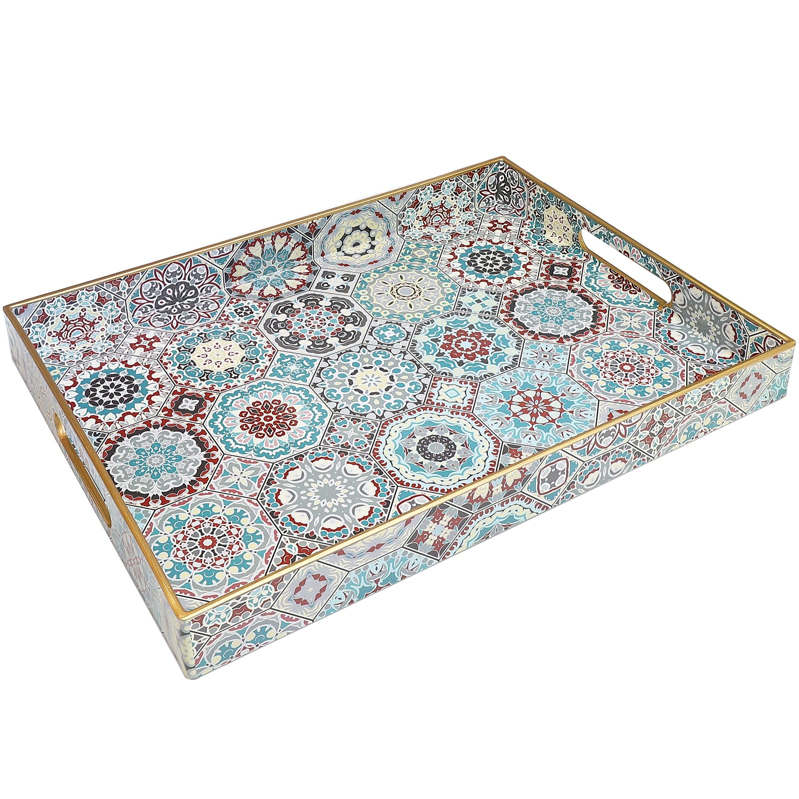 Spsyrine Decorative Serving Tray with Handles, Lacquered Coffee Table Tray for Ottoman, Rectangular Waterproof Platters for Centerpieces, Parties, Living Room, Kitchen Counter Organization SP3040RE2