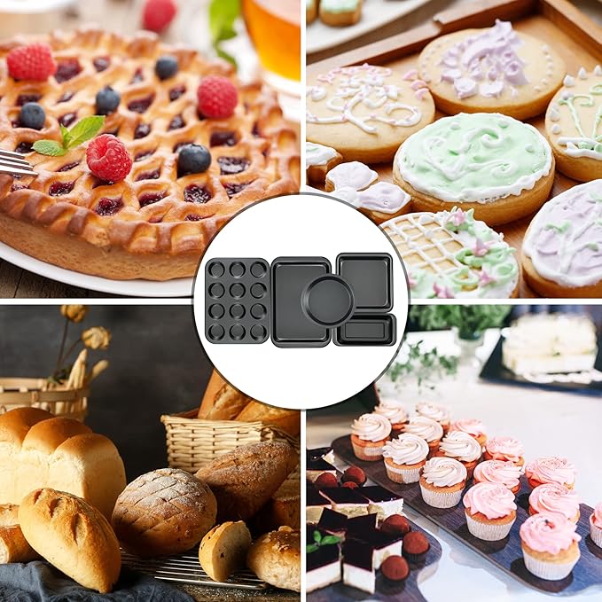 mobzio Kitchen 5-Piece Nonstick Bakeware Set - Round/Square Cake Pans, Muffin Pan, Loaf Pan, Roast Pan & Baking Sheets
