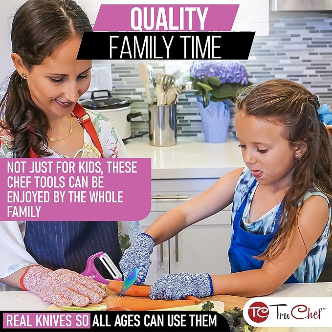 TruChef 5-Piece Kids Knife Set for Real Cooking | Stainless Steel Chef, Paring & Serrated Knives with Peeler & Holder | Safe Junior Chef Cooking Set for Kids (5 pcs, Pink)