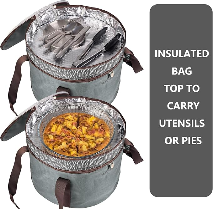 Tmrioplep 2 Pack Pie Carrier with Lids and Handles, Loadable Cupcake or Pizza Storage Containers, Includes Insulated Bags and Insulated Non-Slip Pads, Perfect for Transportation (Grey)