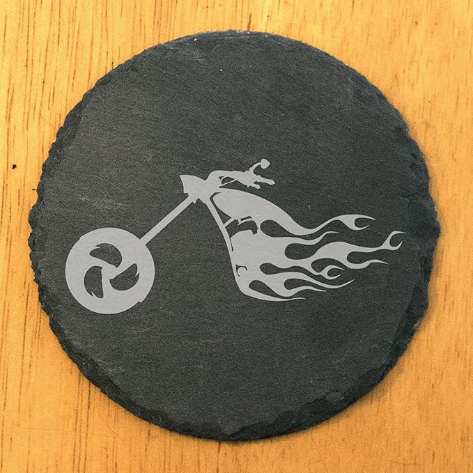 Laser Engraved Motorcycle Flame Slate Coasters Set of 5 – Round – USA Made