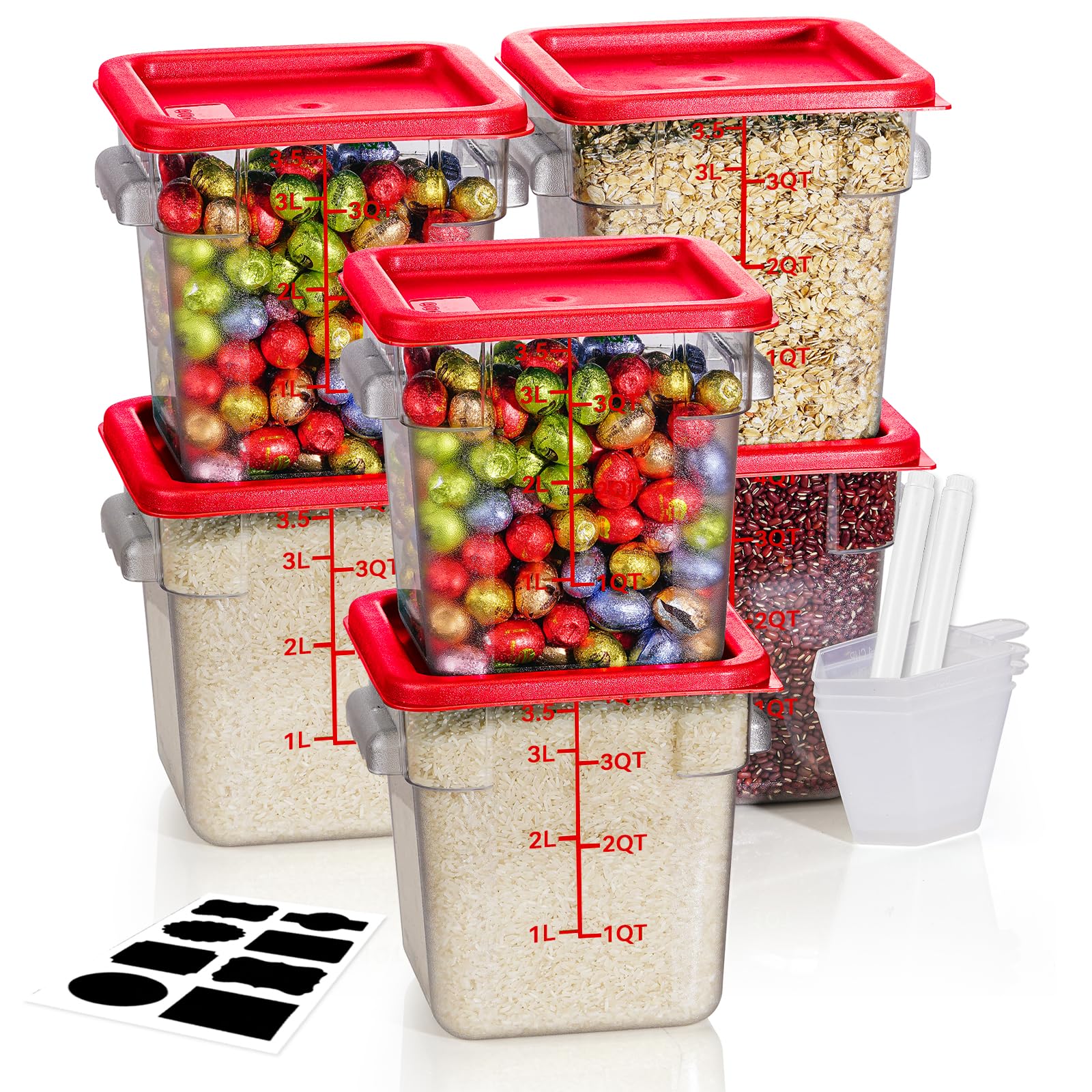 SVKLHY 4QT 6PCS NSF Commercial Clear Food Storage Containers with Lids(RED)