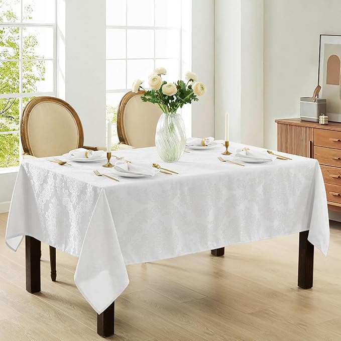 Newbridge Barcelona Luxury Damask Fabric Tablecloth, 70” x 70”, Square, White, 100% Polyester, No Iron, Soil Resistant Dining Room, Party and Banquet Table Cover