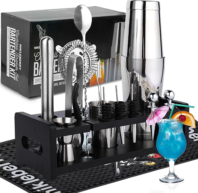 Nikleberry Premium 18-Piece Bartender Kit - Mixology Cocktail Shaker Set with Modern Bamboo Stand, Weighted Boston Shaker, Bar Mat & Recipe Book | 304 Stainless Steel Home Bar Accessories